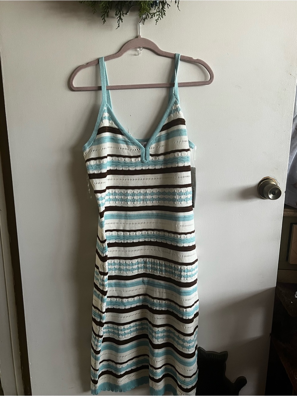 Madden Girl Striped Knit Tank Dress in Aqua, Brown & White